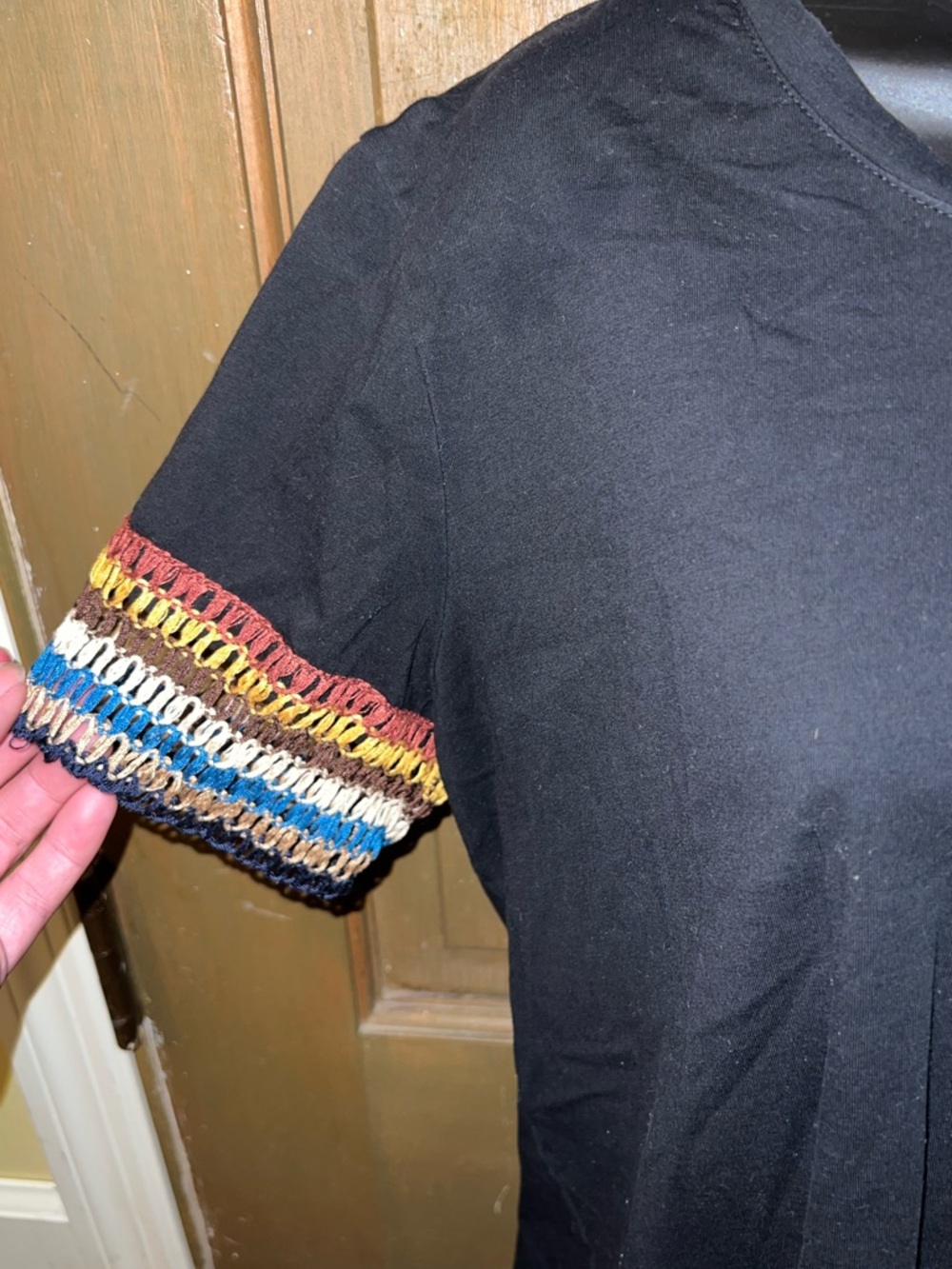 Amaryllis Black Multicolor Boho Short Sleeve Crochet Trim Relax Fit Shirt Size L - Picture 5 of 7